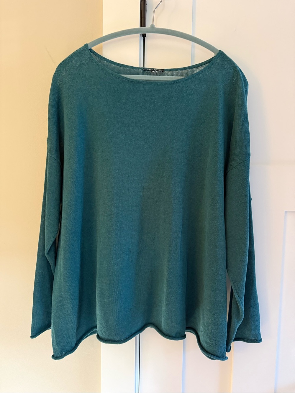 Eileen Fisher Linen/Cotton Lightweight Sweater Bateau Neck Rolled Hem L/XL